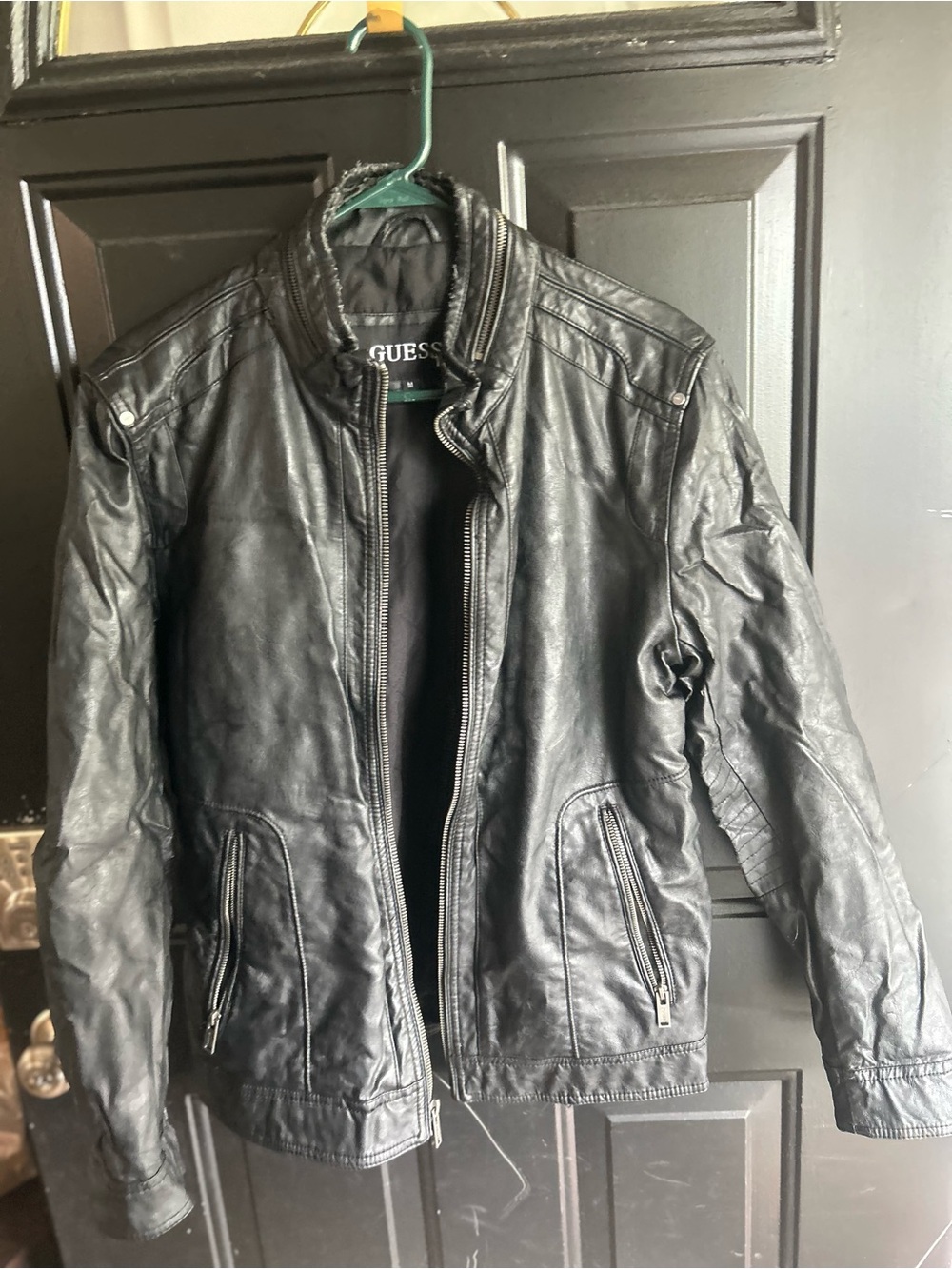 GUESS Men’s Black Leather Bomber Jacket